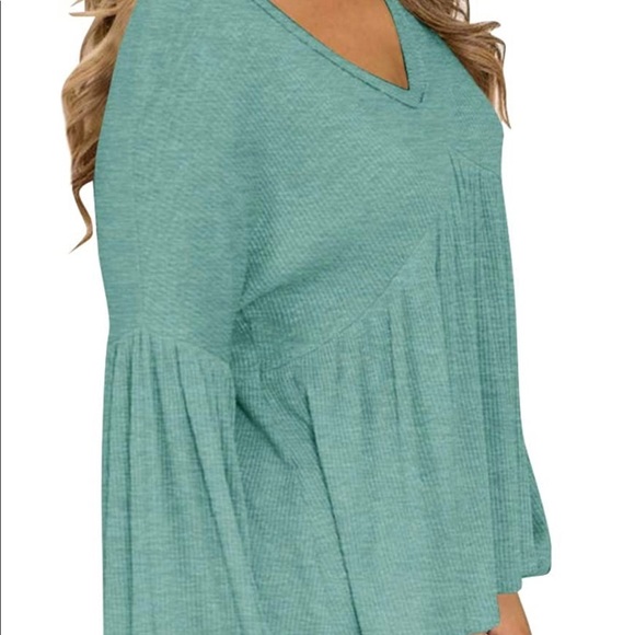 Clarisbelle Women V Neck Puff Sleeve Waffle Knit Peplum Tops - Picture 5 of 8